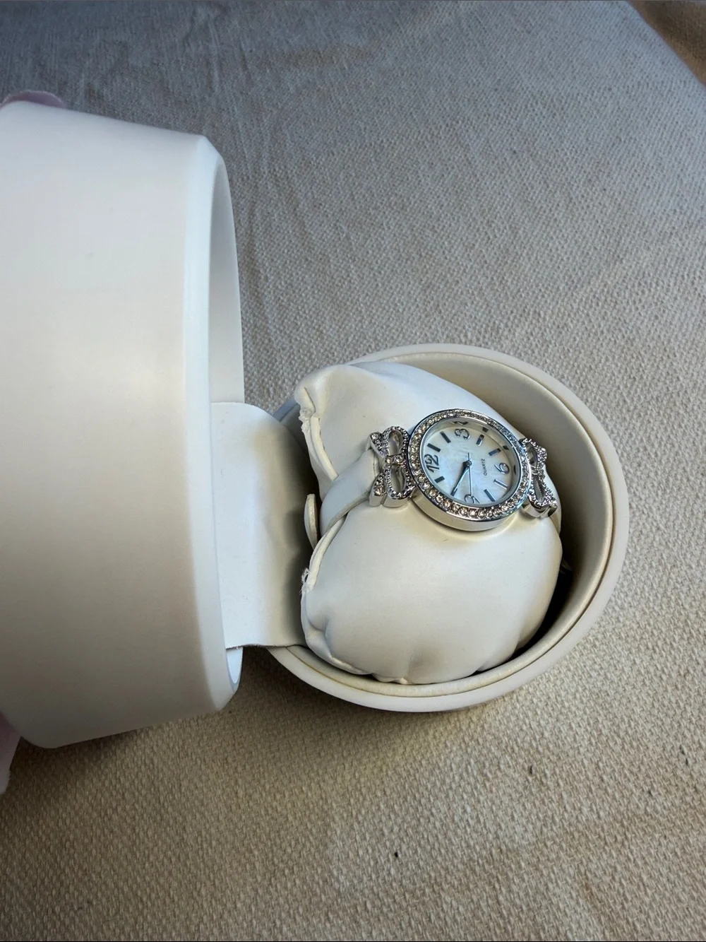 Silver Watch With Crystal Accent In Round in White Flower Pot Case NWT